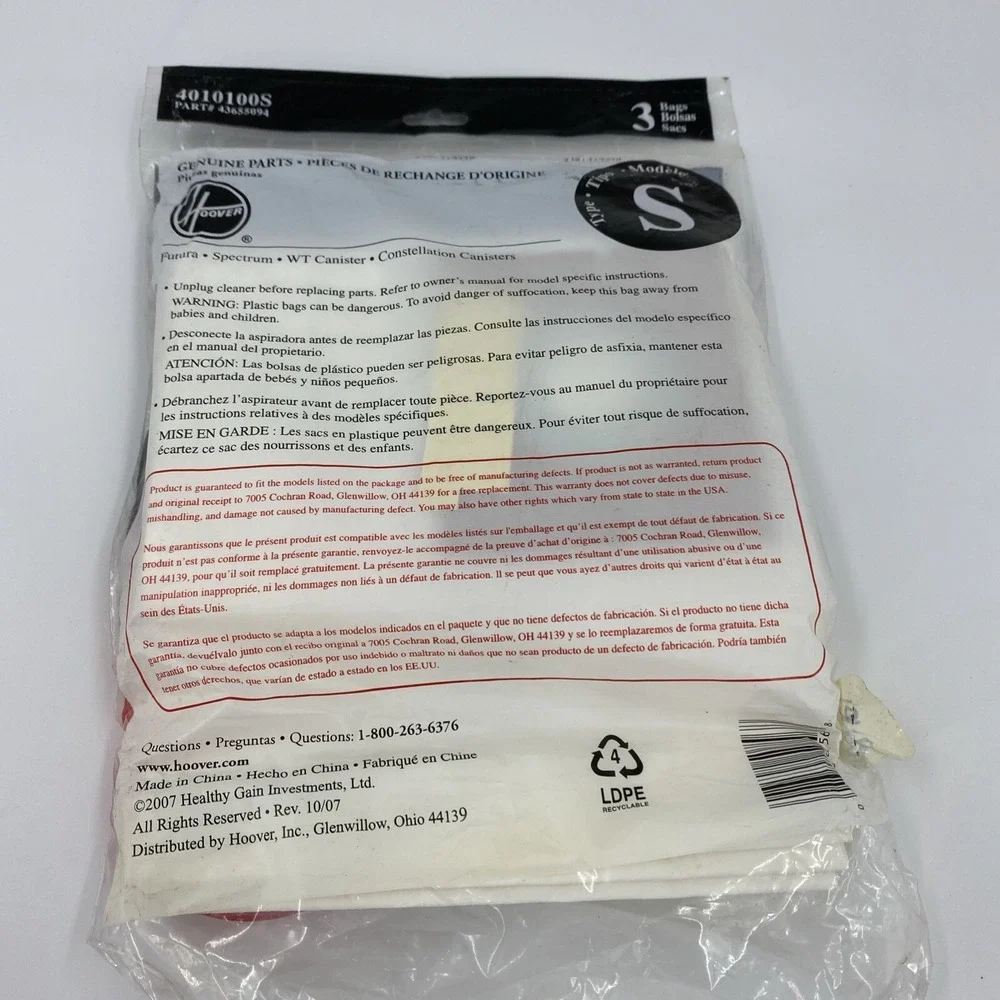 Genuine Hoover Vacuum Bags 3 Type S Allergen Filtration 43655094 4010100S NIP